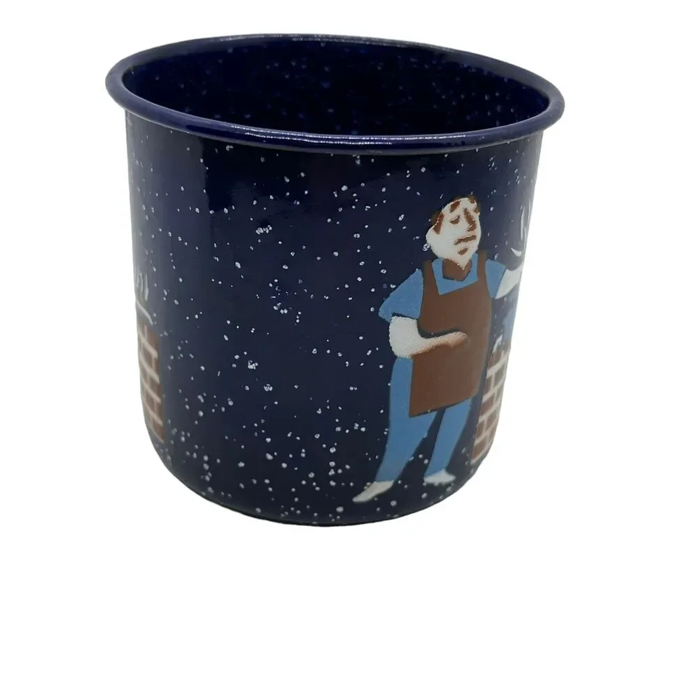 Coffee Mug Blue Speckled Enamel Graniteware Man BBQ Cooking Brick Oven Decor